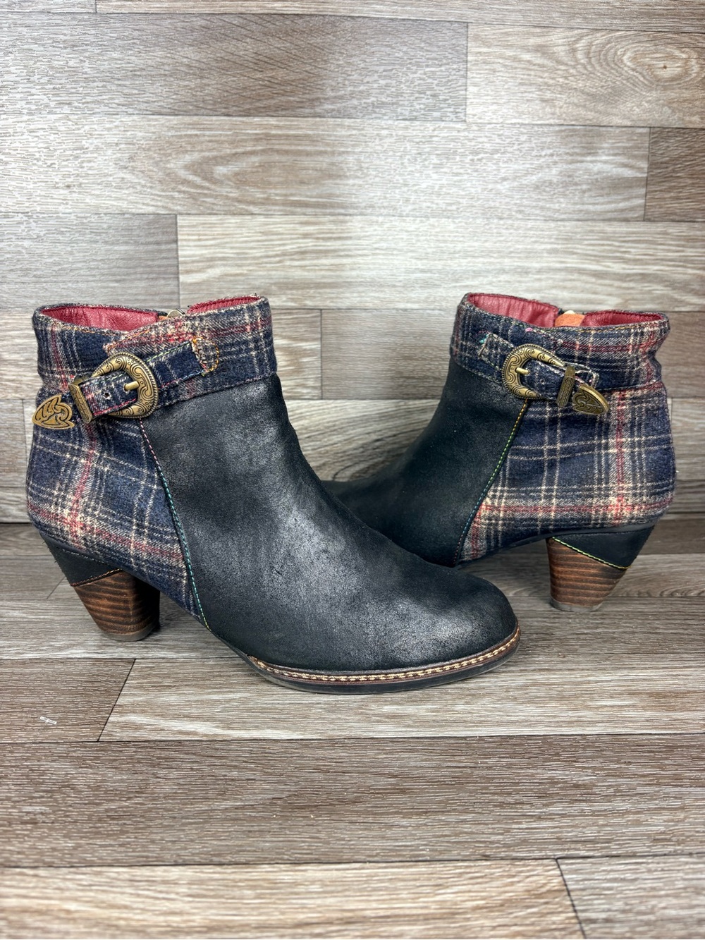 L'Artiste by Spring Step Scottala Ankle Boots Black Leather Plaid Fabric 8.5 39